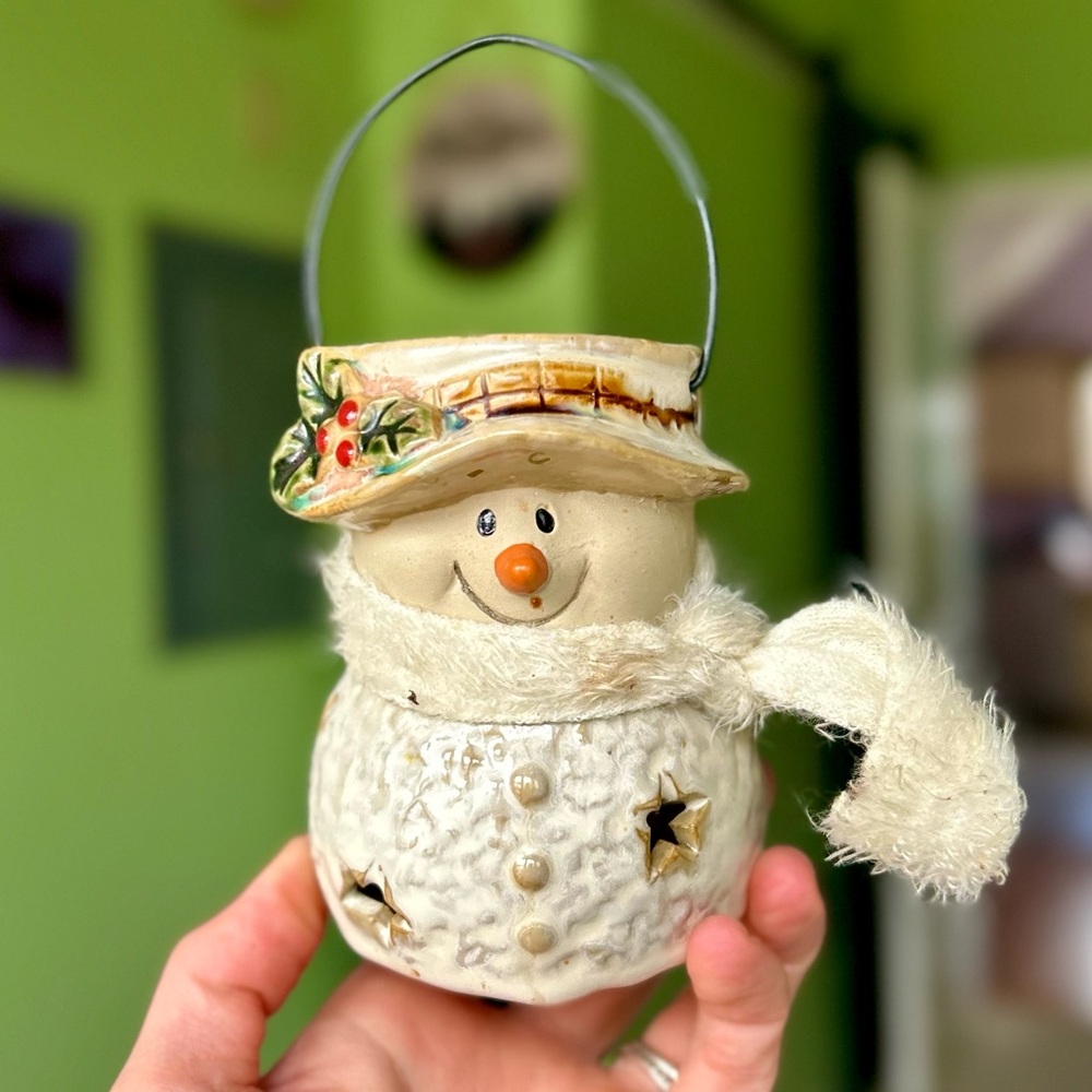 Vintage Mini Winter Snowman Lantern Tea Light Candle Holder